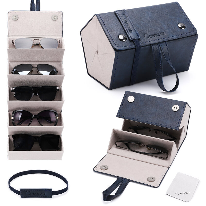 Alta qualidade caso de couro do plutônio óculos de armazenamento display viagem dobrável óculos de sol 5 multi-slot portátil organizador