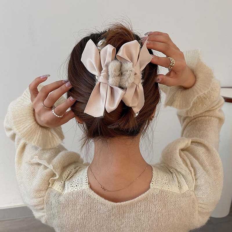 1 sztuk koreański łuk Rhinestone pluszowe spinki do włosów zimowe spinki Barrette krab spinki do włosów nakrycia głowy dla kobiet dziewczyn akcesoria do włosów