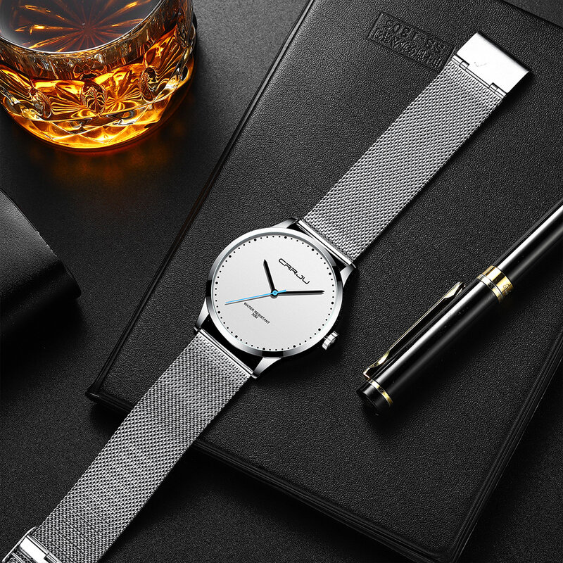 CRRJU Sport Casual Watch Man Stainless Steel Waterproof Quartz Wristwatches Business Classic Sliver White Relogio Masculino
