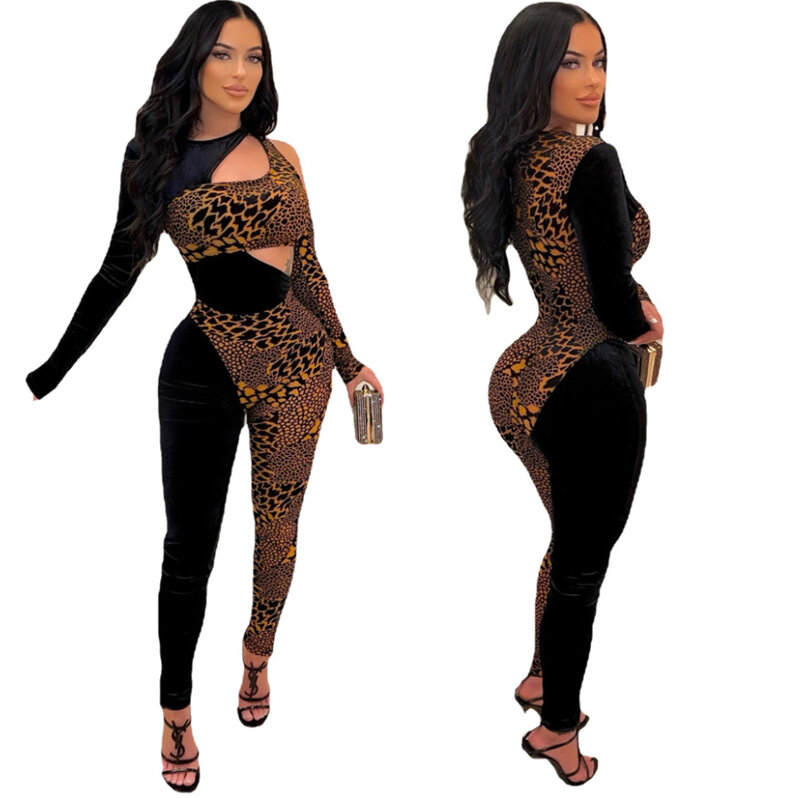 Sexy mulheres macacão estampado leopardo oco para fora manga cheia bodycon streetwear longo macacão feminino