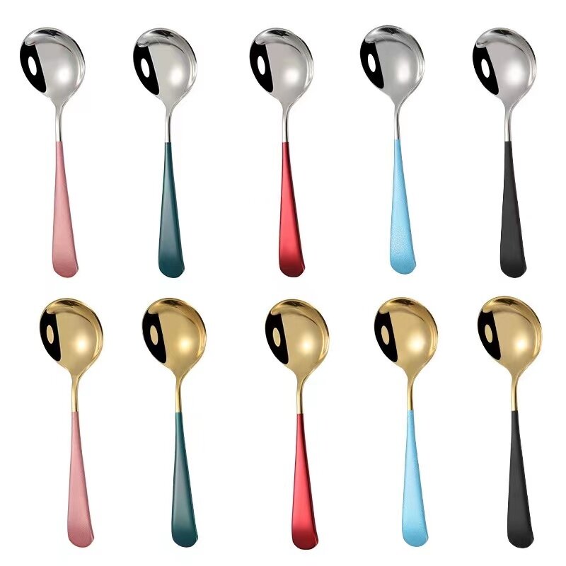 Cuchara de acero inoxidable para sopa, cucharilla de helado, cucharas de cocina o cafetería con mango largo, 10 colores