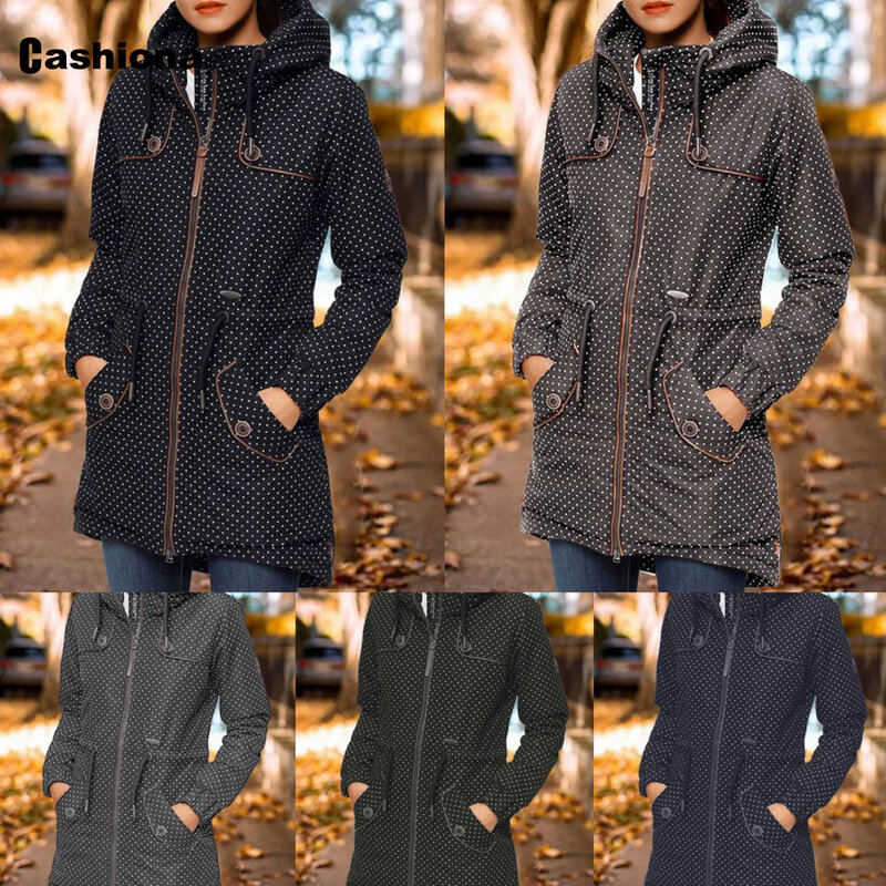Plus Size 5xl Women's Trench Coats Autumn Hooded Top Outerwear Stand Pocket Coats 2021 European Style Fashion Zipper Dots Jacket