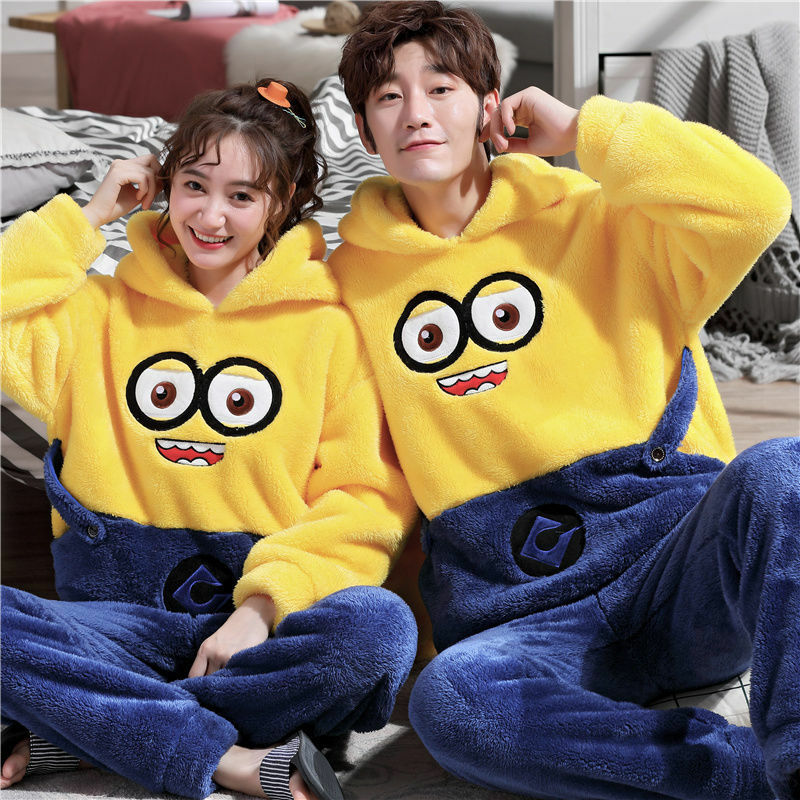 Winter couple pajamas men and women cute cartoon little yellow man hooded thickened facecloth teenage students home clothes