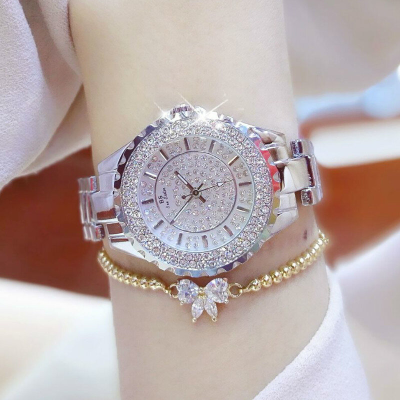 Relojes de pulsera de lujo para mujer, de cuarzo con diamantes, de oro, de acero inoxidable, femenino