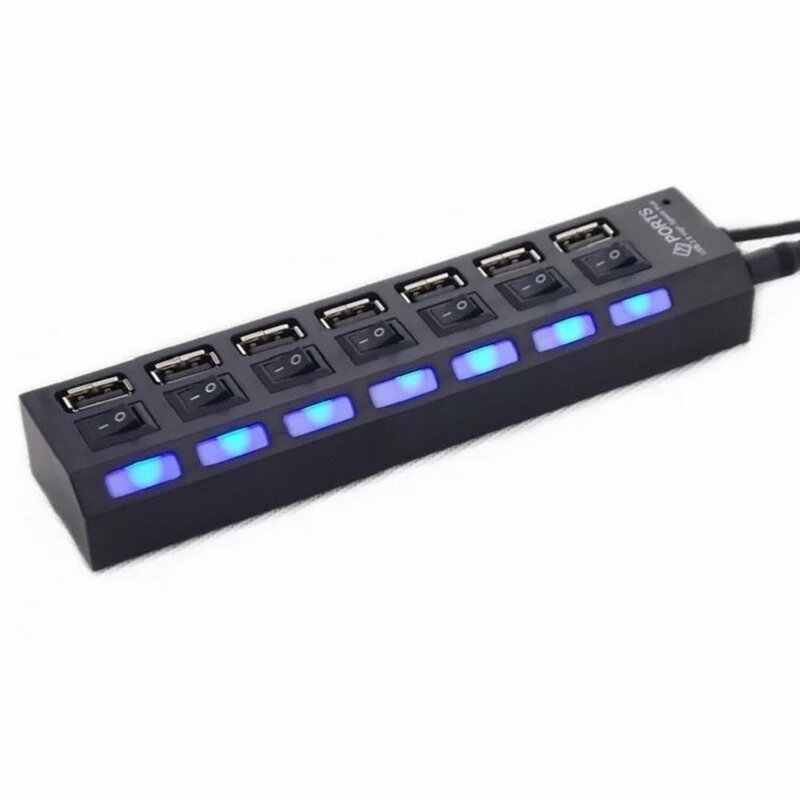 Adaptateur USB 2.0 à 7 Ports, Hub multi-interface haute vitesse, marche/arrêt, indicateur lumineux indépendant, séparateur à sept bits