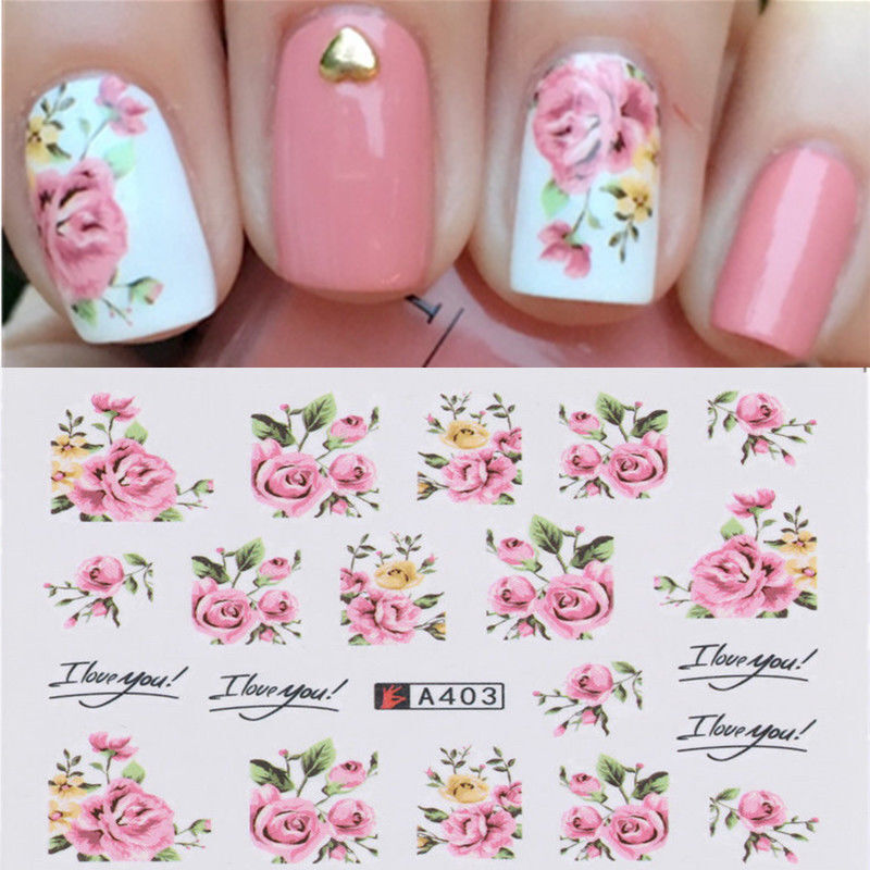 2 Sheets Nail Stickers Set Water Transfer Decals Flower Design DIY Nail Art Decorations Tips Manicure Tools Stickers for Women