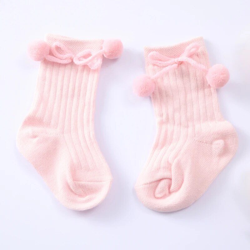 Bebê recém-nascido meias engrossar conforto dos desenhos animados algodão piso meias bowknot duplo pompom 0-12 meses