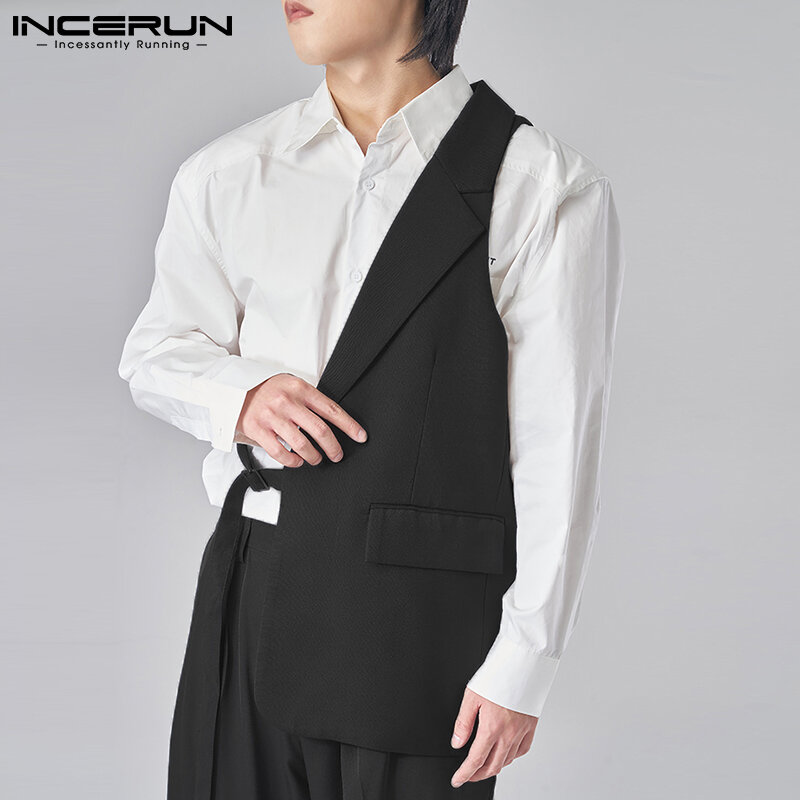 Men's Fashion Solid Detachable Buckle Rope Vests Design Leisure Shirts Lapel Sleeveless Irregular Waistcoats S-5XL INCERUN 2021