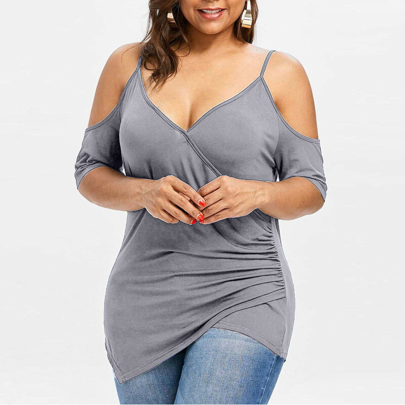 Moda damska letnie bluzki Plus rozmiar wycięcie asymetryczne zimne ramię T-shirt z dekoltem w serek Blusas Mujer De Moda 2021