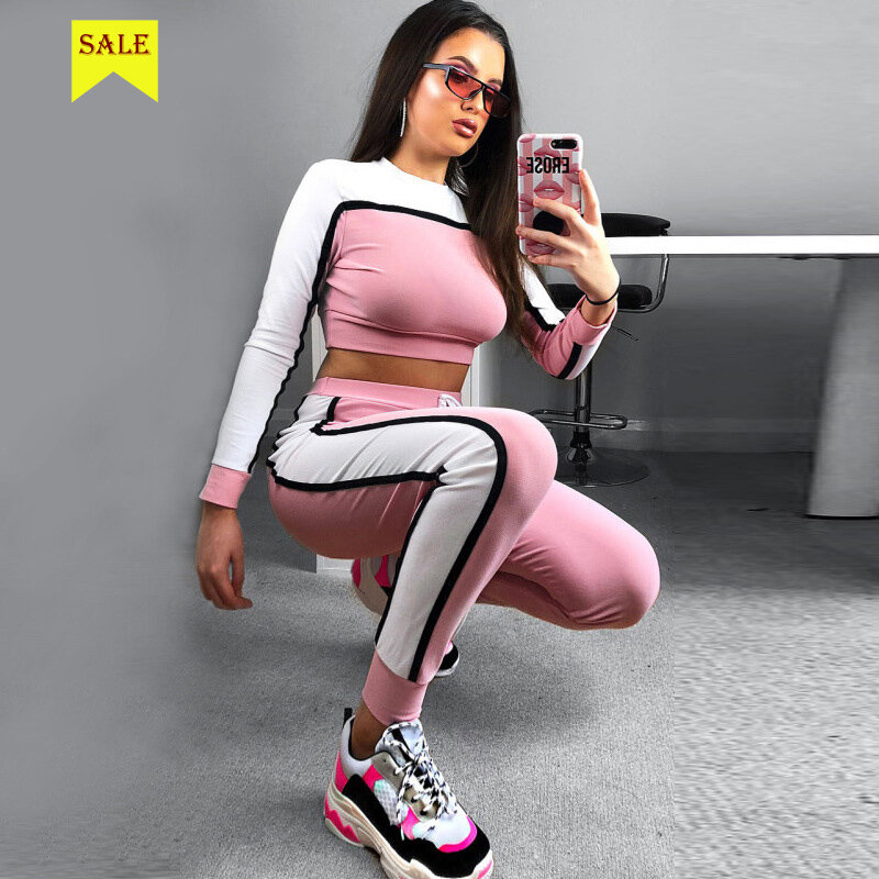 MOVOKAKA Casual Fashion Women Outfits 2021 Slim Pink Tracksuit Women Two Piece Set Top And Pants Plus Size Sport Woman Tracksuit