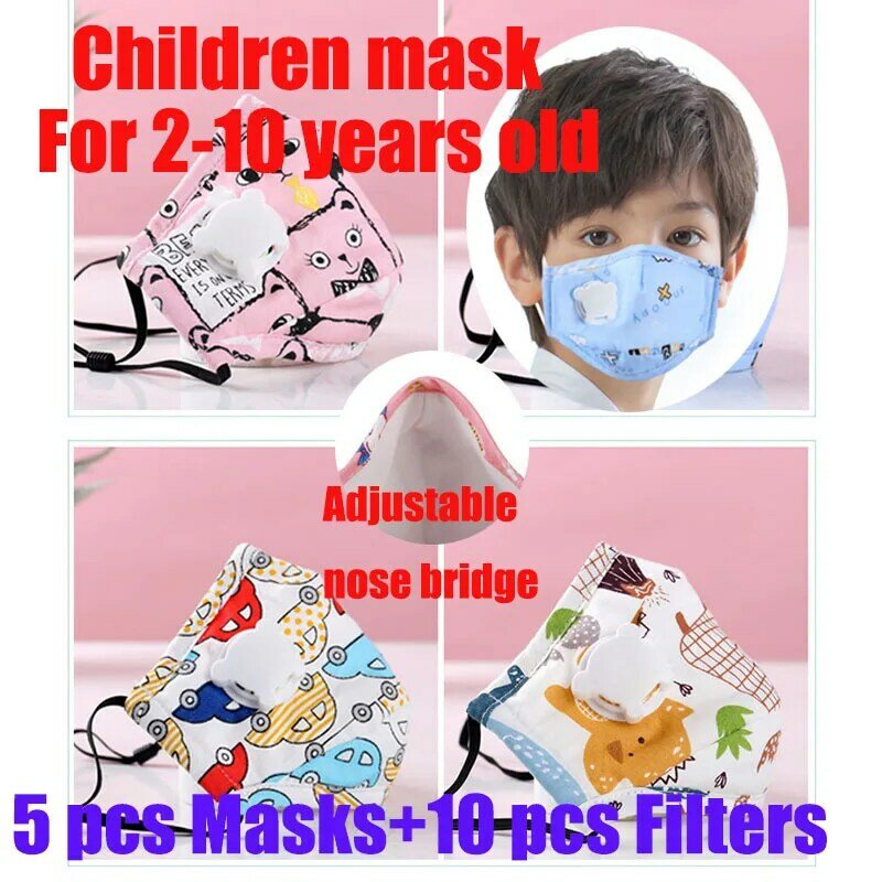 Mascarilla Facial PM2.5 para niños, máscara gruesa con dibujos animados, válvula transpirable, respirador, 5 uds.