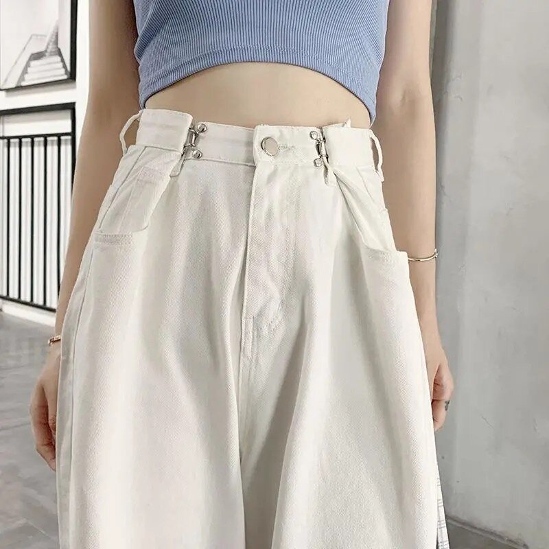 Jeans Pinggang Tinggi Ukuran Plus Putih Musim Semi 2021 Celana Kaki Lebar Streetwear Celana Panjang Fashion Wanita Celana Denim Longgar Panjang Penuh