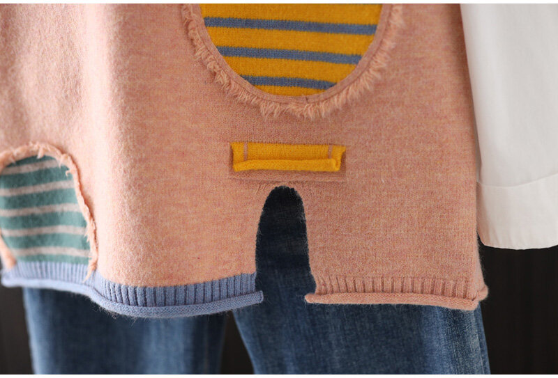 Mode Patch Entwickelt Damen Sleeveless V-ausschnitt Stricken Baumwolle Weste Soft & Warme Herbst Winter Vintage Gestreiften Pullover Weste 2020