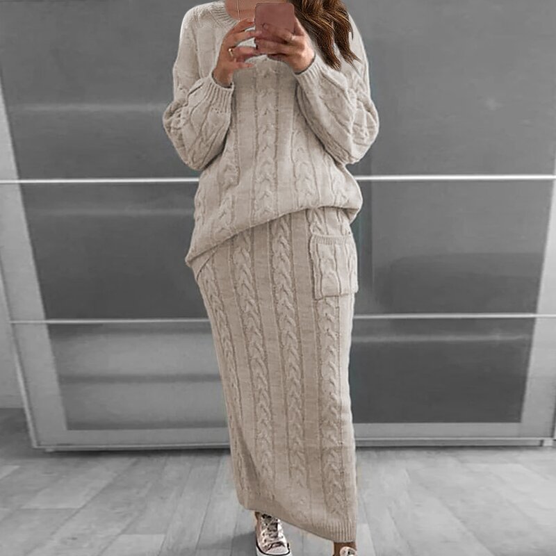 Sweater Pullover Lengan Panjang Warna Solid Kasual Set 2 Buah Rajutan Wanita Musim Dingin Atasan + Rok Rajutan Setelan 2 Potong Set Hangat Wanita