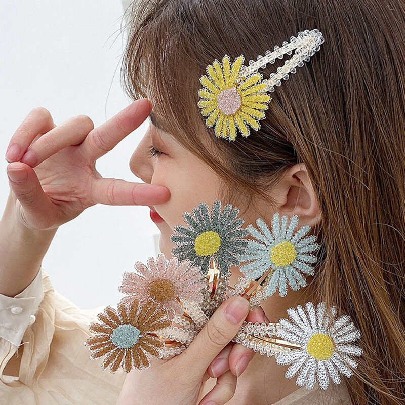 새로운 태양 꽃 머리핀 작은 데이지 꽃 크리스탈 사이드 클립 사이드 bb 클립 Mori 소녀 클립 머리 장식
