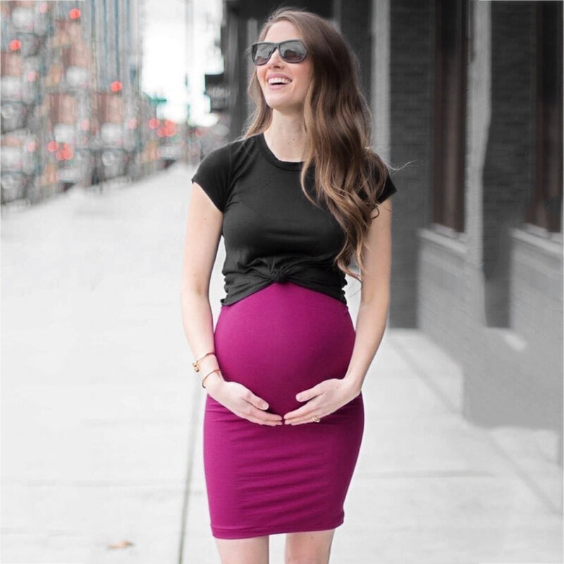 Ciąża sukienka kobiety ciąża 2021 nowe modne niebieskie czerwone z krótkim rękawem spódnica pończochowa dwuczęściowy garnitur macierzyństwo miękkie wygodne