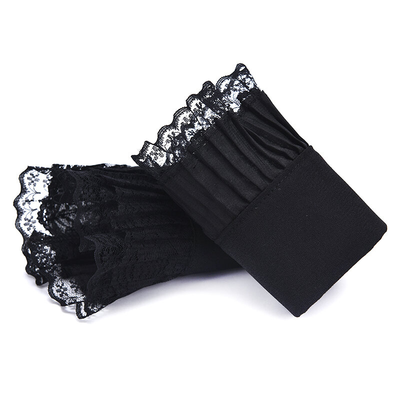 1pair Women Girls Decorative Chiffon Fake Flare Sleeves Floral Lace Pleated Ruched False Cuffs Apparel Wrist Warmers With Button