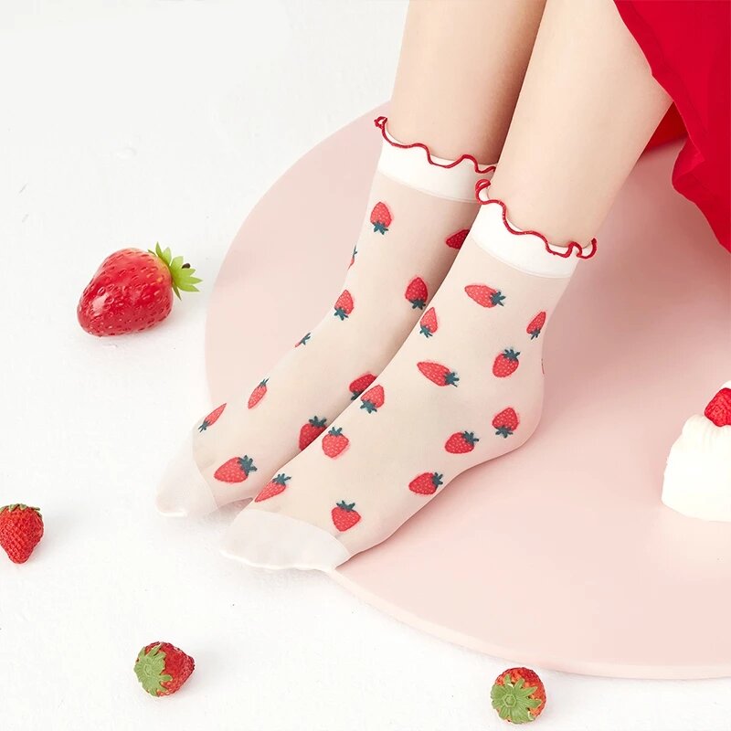 ฤดูร้อน Lolita Ruffle ถุงเท้าผู้หญิง Ultra-Thin Cool สตรอเบอร์รี่รูปแบบผลไม้ Breathable ถุงเท้า Harajuku Sweet Soft Tulle ตาข่าย Soxs