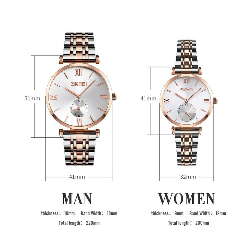 Moda SKMEI de acero inoxidable de lujo relojes pareja pulsera de las mujeres de los hombres de negocios de reloj de cuarzo elegante reloj Relogio Masculino
