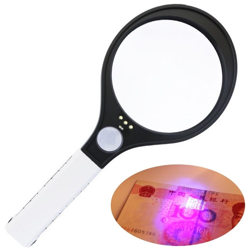 Lupa de mano 3X/10X con iluminación LED, gran diámetro, mango de gran tamaño, tipo raqueta, lupa LED UV