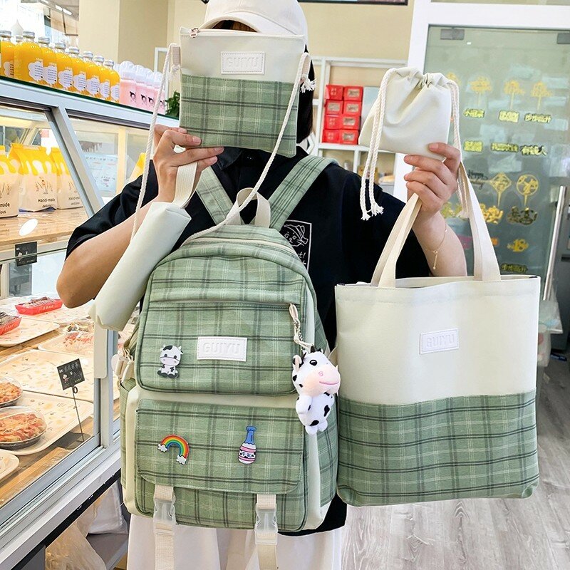 Холщовый женский рюкзак, комплект из 5 предметов, милые школьные ранцы для девочек, 2021, водонепроницаемые школьные сумки, ранец