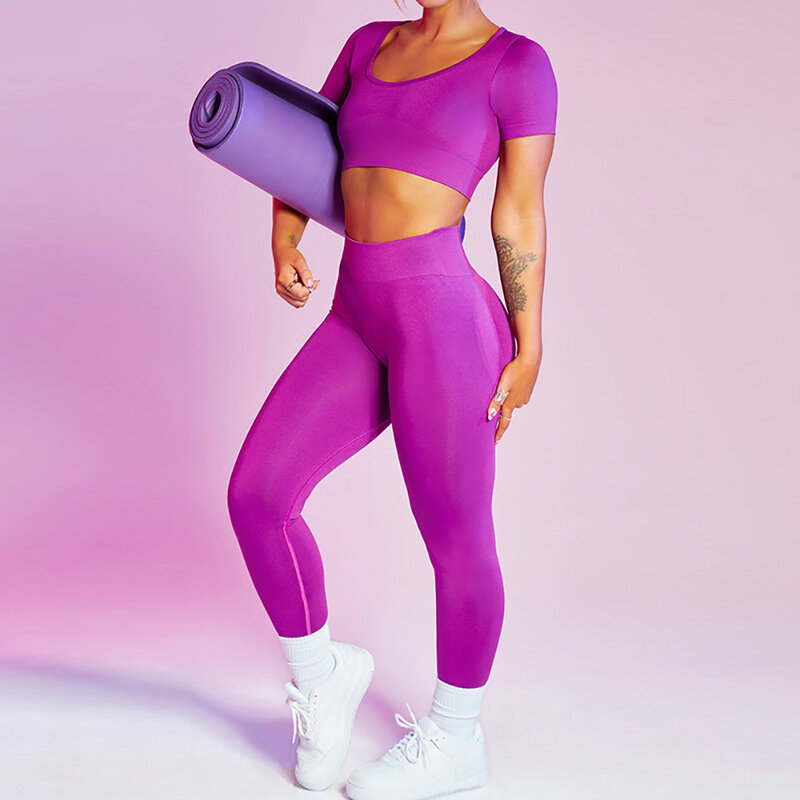 Conjunto de yoga sem costura mulheres treino sólido 2pcs duas peças manga longa colheita superior leggings ginásio terno roupas de fitness conjunto esporte outfits