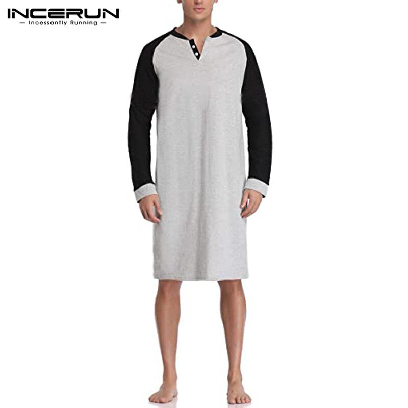 INCERUN Patchwork Men Robes Sleepwear Long Sleeve V Neck Homewear Soft Nightgown Leisure Comfortable Men Clothes Bathrobes S-5XL
