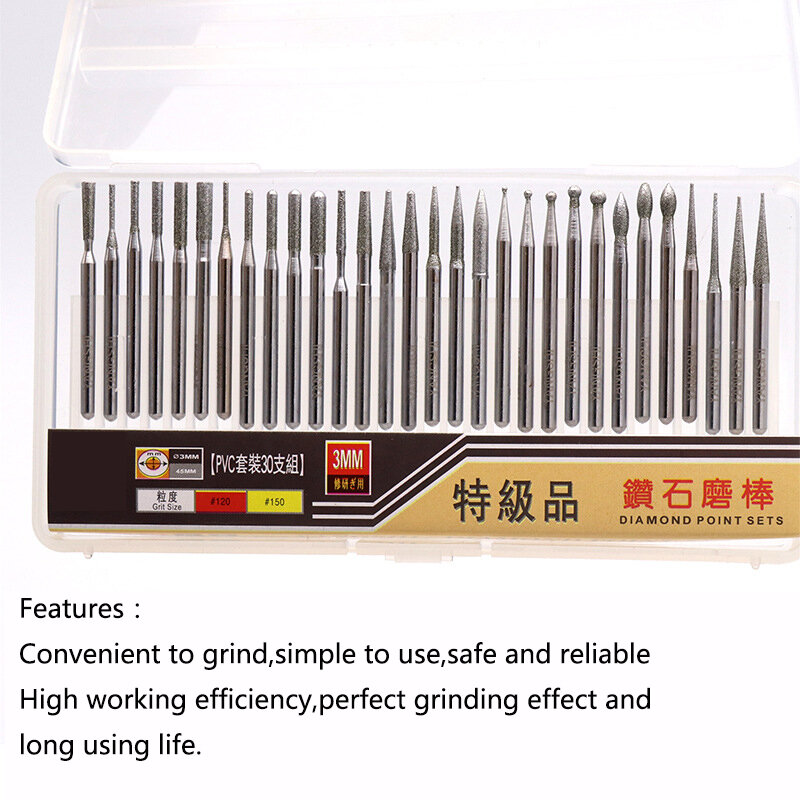 30PC 2.35/3mm Diamond Point Burr Bits Head For Accessories Shank Grinding Needle Carving Polishing Mounted Mini Drill Tool