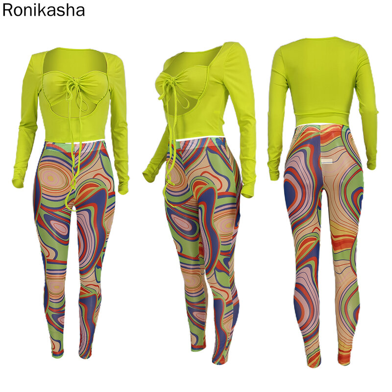 Ronikasha feminino sexy oco para fora de duas peças conjunto bandagem design malha calças combinando conjuntos recortados topo calças magras clubwear