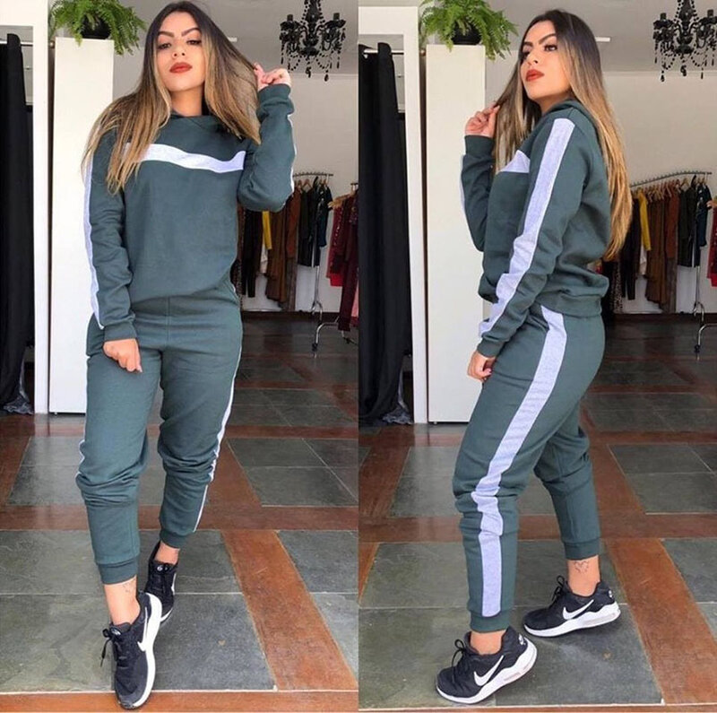 European and American Style Fashion Simple Women's Spring and Autumn New Long Sleeve Hooded Sports and Leisure Two-piece Set