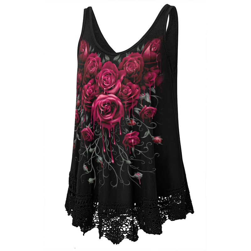 เสื้อผู้หญิง U คอขนาดใหญ่ L-5XL เสื้อผ้าเสื้อกั๊กเสื้อยืด Dark Rose Floral พิมพ์ฤดูร้อนฤดูใบไม้ผลิสบายๆเ...