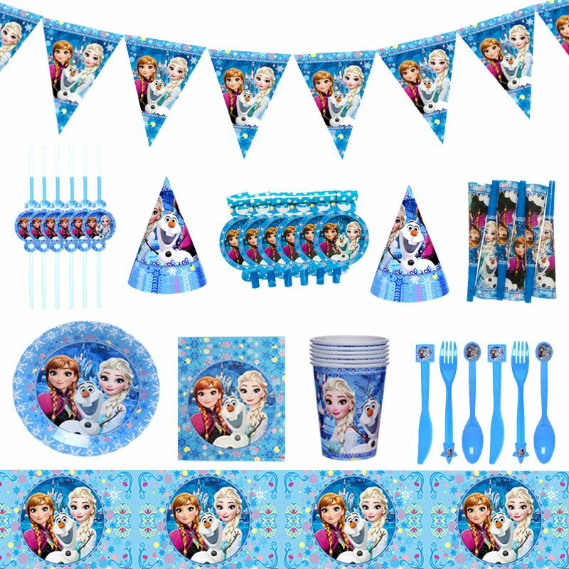 Decoraciones de fiesta de cumpleaños con temática de reina de las nieves para niños y niñas, plato de taza, suministros de fiesta, juego de vajilla de decoración de princesa Elsa y Anna
