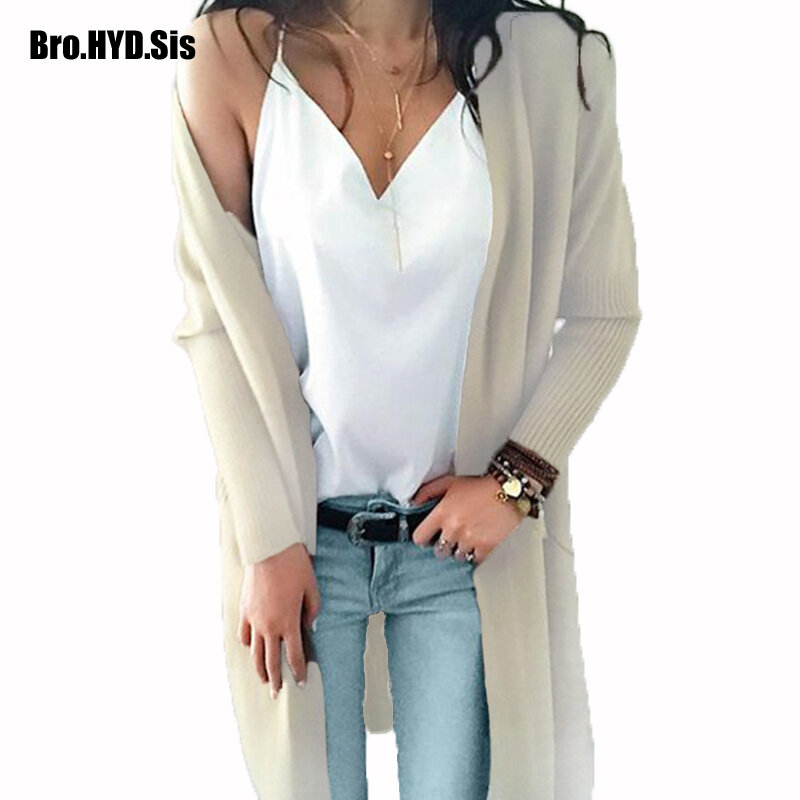 Women Solid Cardigan Sweater with Pocket 2020 Autumn Winter Fashion Open Front Sweaters Loose Knitting Female Tops Khaki
