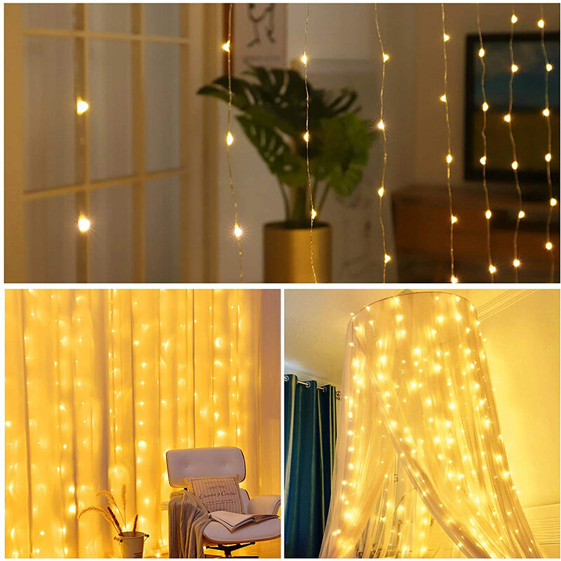 XFLAMPER LED Garland Curtain Light with 8 Lighting Modes Cooper Fairy Lights Curtain with Indoor Patio Home Party Decorations