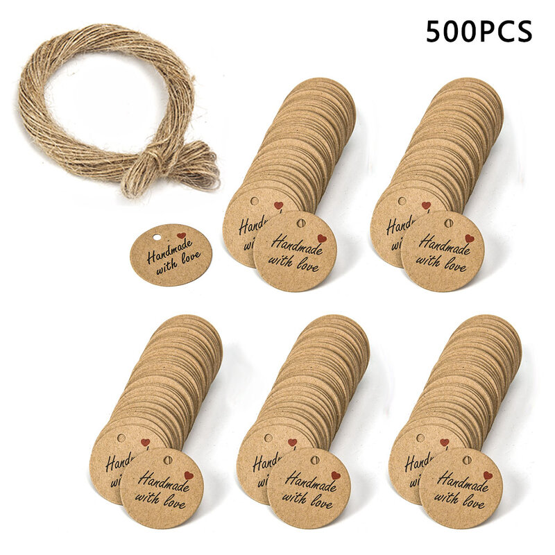 500 Pcs Round Handmade with Love Tags with Natural Kraft Red Love Tags for Wedding Party Small Shop Packaging Decoration Tags