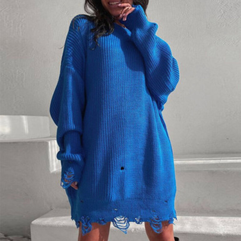 Gaun Sweter Lengan Panjang Kerah O Rajutan Gaun Mini Elastis Lembut untuk Wanita Gaun Wanita Longgar Anak Perempuan Vestidos Musim Gugur Musim Dingin