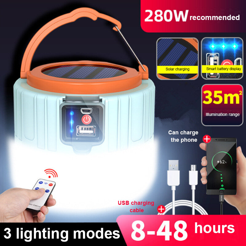 Lampe solaire LED Rechargeable par USB, éclairage d'urgence Portable pour tente, Camping, Barbecue, randonnée