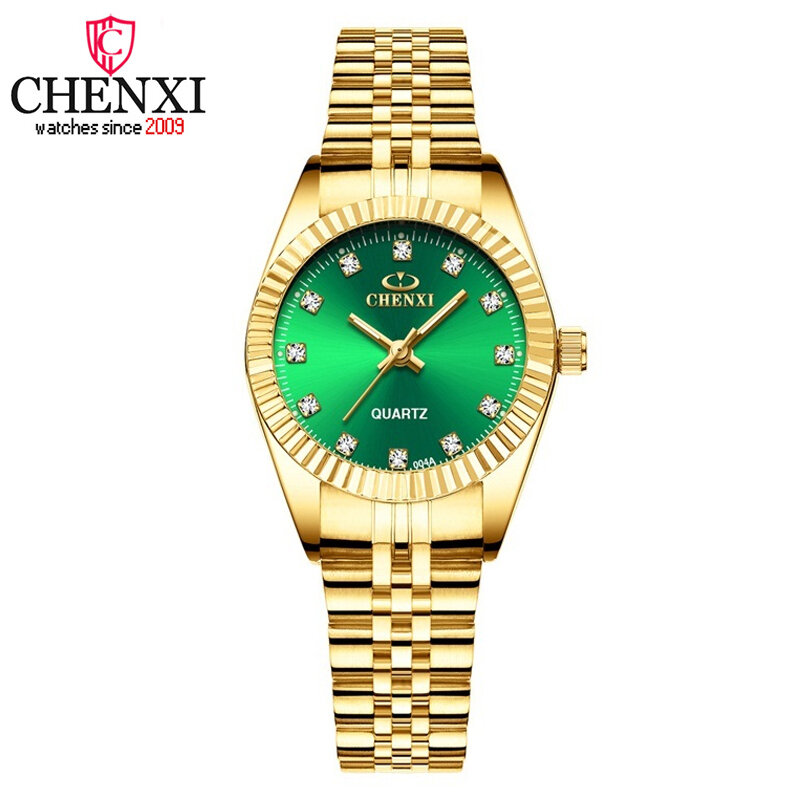 Relógios femininos marca superior de luxo cristal quartzo relógio aço inoxidável pequeno mostrador verde pulseira de ouro relógio feminino reloj mujer