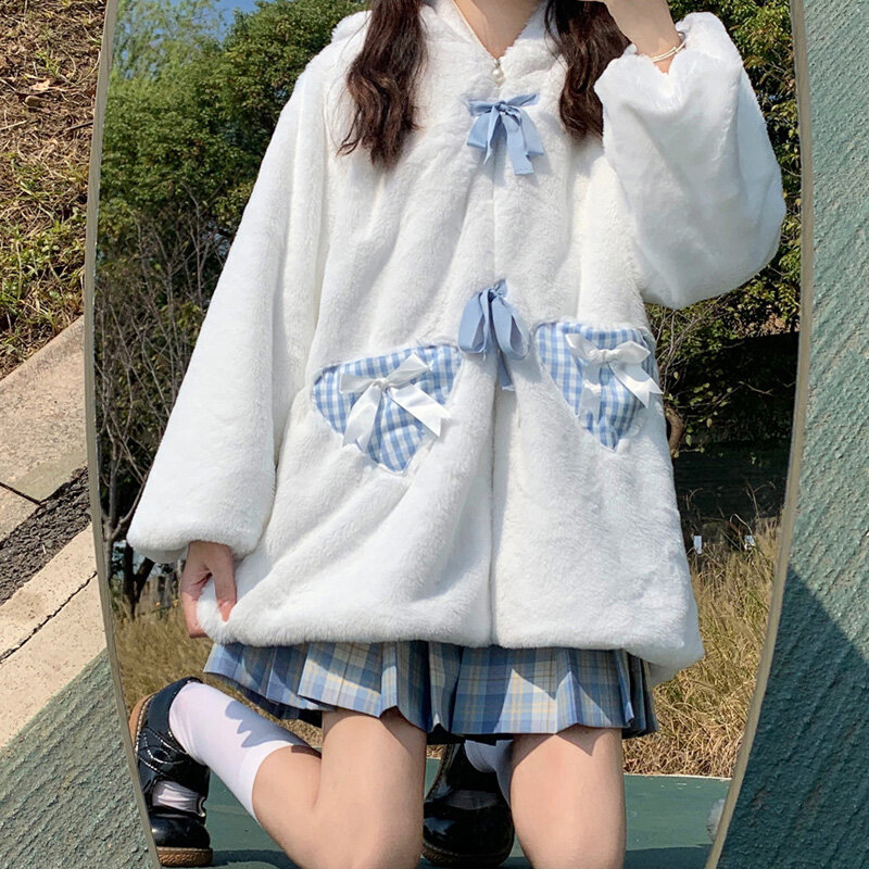 ฤดูหนาวนุ่มสาวน่ารักแมวหู Hooded Zipper Thicken Plush เสื้อสำหรับสตรี Vintage แขนยาว Kawaii เสื้อ Jk Lolita outweare