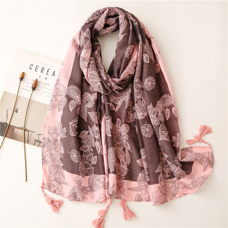 2021 moda feminina lenço de algodão adorável folha floral borla praia hijab xales e envoltórios feminino foulards echarpe designer 180*90cm