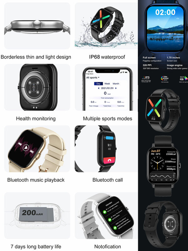 Relógio inteligente relogio inteligente homem toque completo 1.78 polegada ip68 smartwatch ece rastreador de fitness relógio inteligente feminino para xiaomi ios