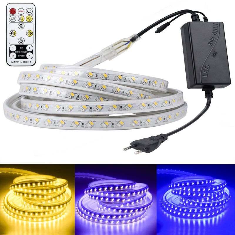 LAIMAIK-LED 스트립 라이트 5050 방수, IP67 220V RGB LED 라이트 스트립, 리모컨으로 조도 조절 가능, 5730 LED 다이오드 리본 테이프 램프, 집 장식용 유연한 스트립 조명