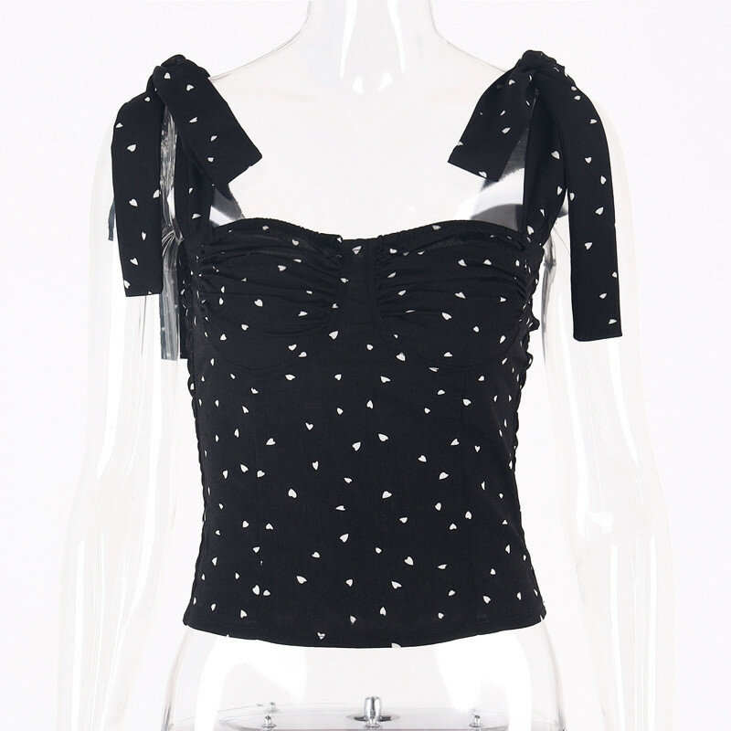 2021 봄 여름 패션 레이스 업 프린트 크롭 탑 여성 끈이없는 민소매 블랙 크롭 티셔츠 여름 섹시한 스트리트웨어 탑스