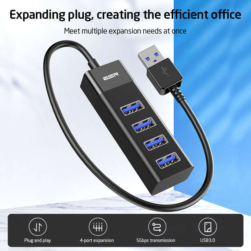 Adaptador USB HUB ESR, puerto USB 3,0, divisor de transferencia rápida, 3, 4 puertos, 4 en 1 extensión USB, transferencia de datos para PC, MacBook Pro, Tablet