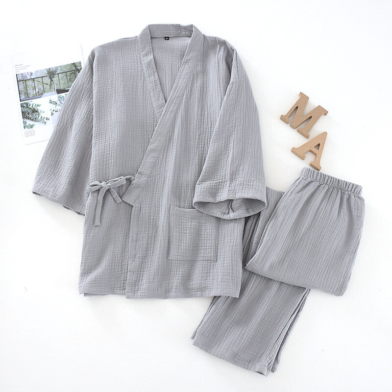 2022 Setelan Rumah Kimono Gaya Jepang 100% Piyama Katun untuk Wanita Pria Pasangan Pakaian Rumah Longgar Set Pengukus Keringat