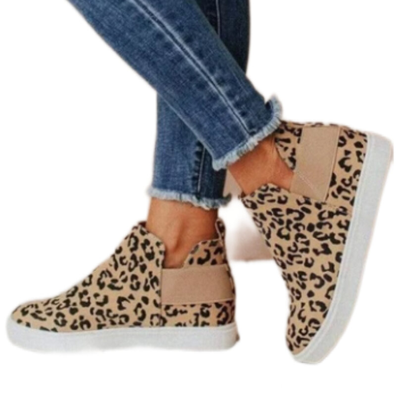 Casual Women Shoes Faux Suede Leopard Print Elastic Decoration Both Sides Hidden Slope Heel Breathable Sports Shoes  KZ013