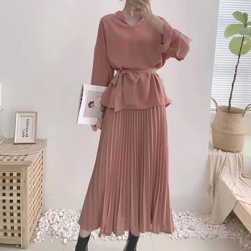 Korean Fashion Womens Two-piece Suit Solid Color V-neck Long Sleeve High Waist Pleated Lacing Temperament Casual Women Outfit