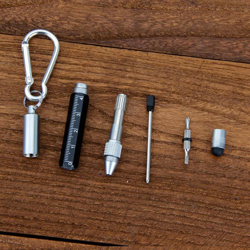 Multifunction 6 in 1 Tool Pens Rotating Metal Blue Ballpoint Pen Screwdriver Touch Screen Pens Carabiner Small Scale keychain