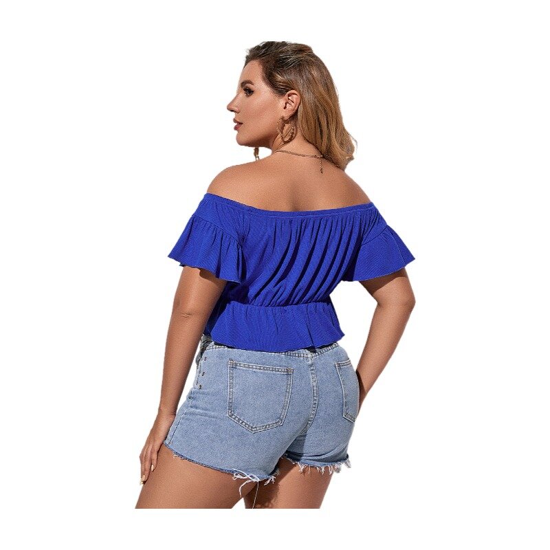 SCSTRONGER 여름 플러스 사이즈 블루 섹시한 여성의 Strapless 반팔 셔츠 기질 캐주얼 셔츠 Blusas Feminina Verao 2021