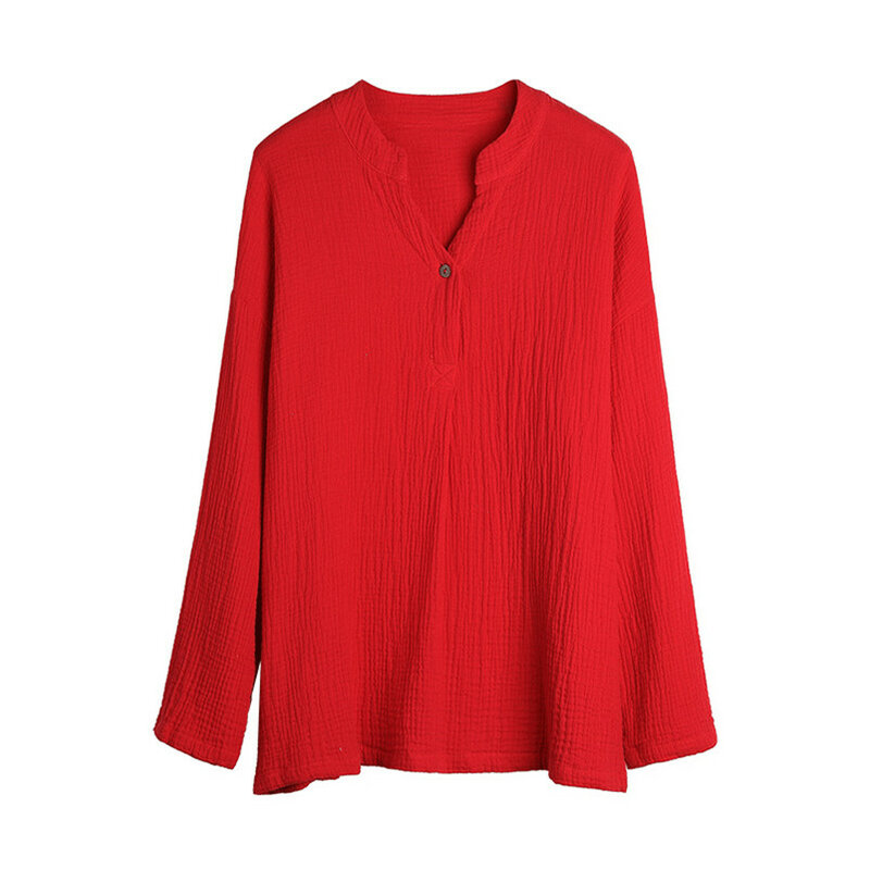 Bluzka w rozmiarze Plus Size L-7XL 8XL kobiety lato bawełniana bluzka solidna dekolt w serek przycisk topy z długimi rękawami Feminina Blusas luźne koszulki 12 kolorów